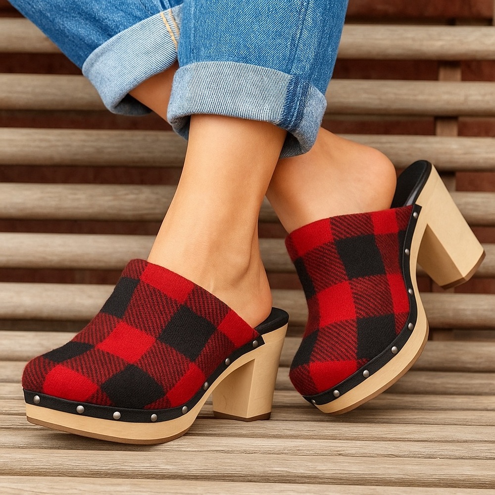 Woolrich Limited Edition Buffalo Check Plaid Flannel Wool Wooden Mules Clogs 7.5